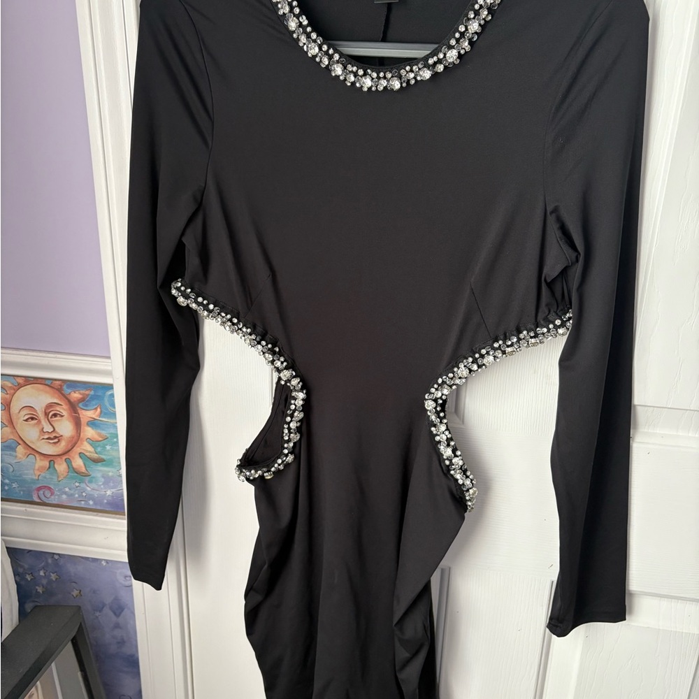 Black Long Sleeve Dress with Beaded Trim